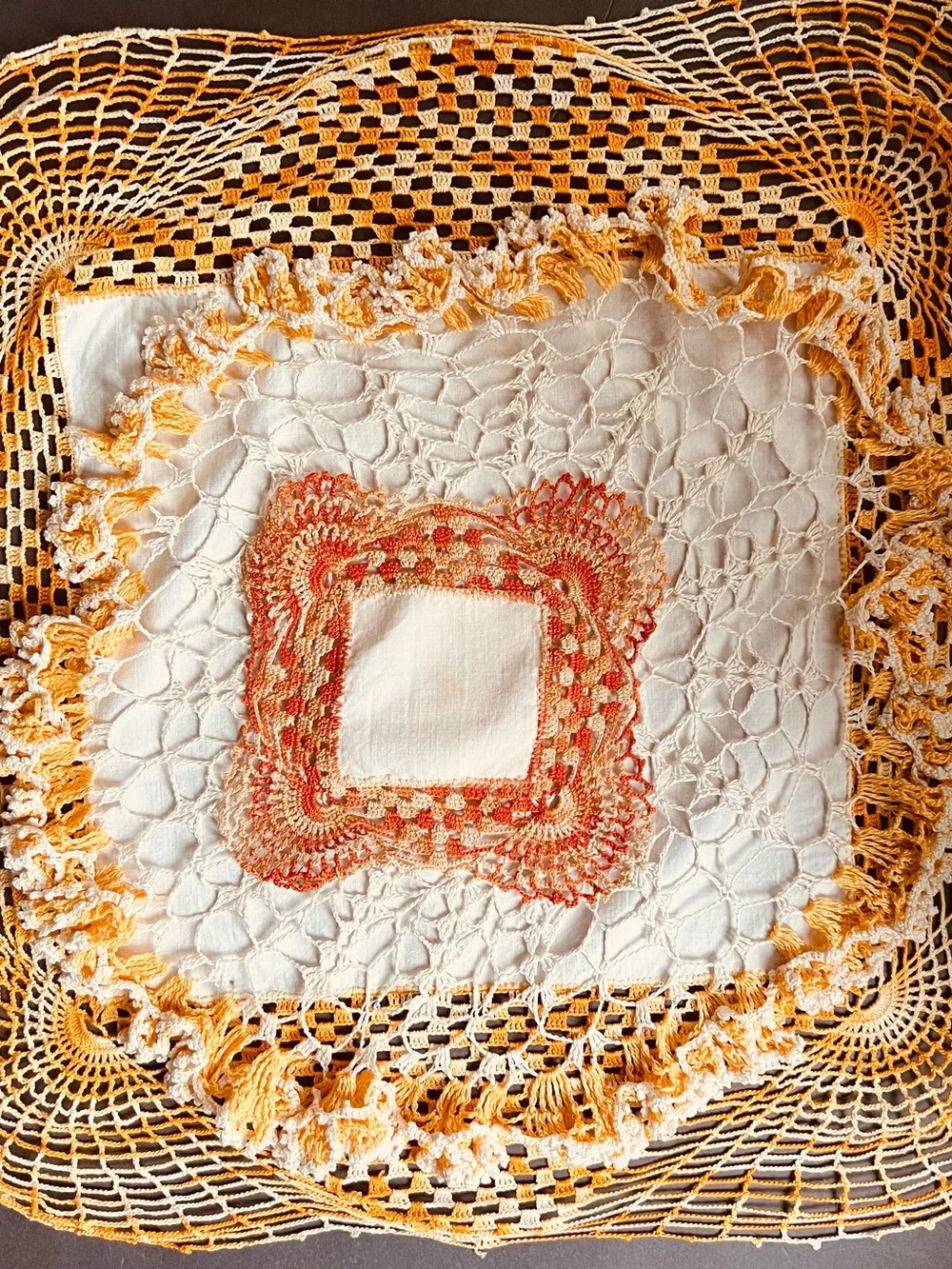 HandmadeVintage Crochet Fall  Doily Set in Yellow, White and Orange